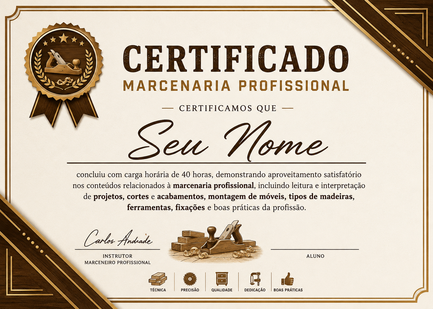 Certificado profissionalizante de Marcenaria